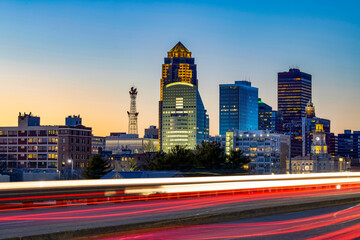 Fototapeta na wymiar Downtown Des Moines skyline with light trails at sunset.