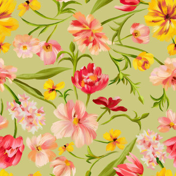 Bright botanical background. Seamless pattern made of garden delicate flowers in bloom isolated on light green, Classic vintage style. Floral colorful ornament for fabric, textile, fashion design. © Galakam