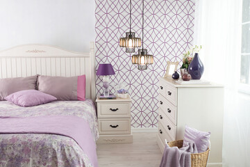 detailed horizontal, exclusive design modern purple bedroom interior design concept and modern lamp.