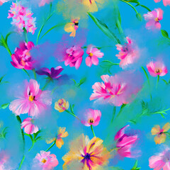 Fototapeta na wymiar Trendy abstract floral seamless pattern. Defocused bright garden blossom flowers with large buds. Blurred summer botanical ornament for fashion design, textile and fabric.