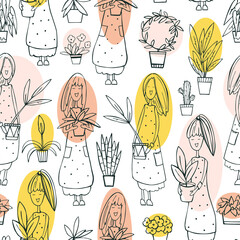  Girls with  plants. Vector pattern.