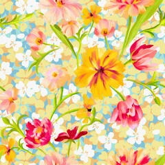 Summer floral ornament. Flower bed. Elegant abstract fantasy flowers on flat daisy flowers and petals texture. Botanical floral seamless pattern. Textile and fabric fashion design.
