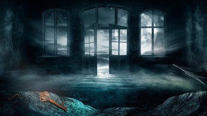  dark gloomy room, old concrete walls, windows and open doors. Smoke, smog, fog. Ruined from stones. Fantasy. 3d illustration.