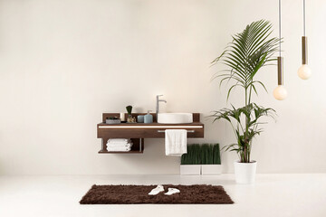 clean bathroom with cabinet design is decorative modern lamp. horizontal detailed photo