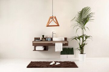 clean bathroom with cabinet design is decorative modern lamp. horizontal detailed photo