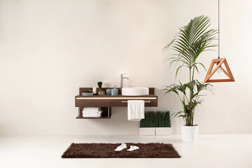 clean bathroom with cabinet design is decorative modern lamp. horizontal detailed photo