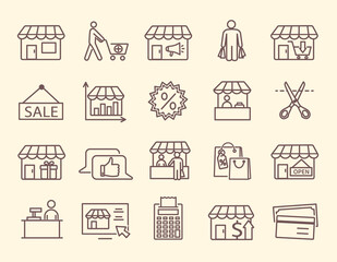 Large set of line icons for a market with stalls and sale notices