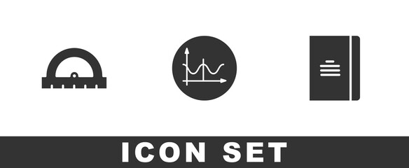 Set Protractor, Graph, schedule, chart, diagram and Spiral notebook icon. Vector