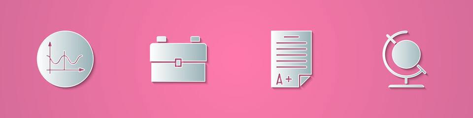 Set paper cut Graph, schedule, chart, diagram, School backpack, Exam sheet with A plus grade and Earth globe icon. Paper art style. Vector