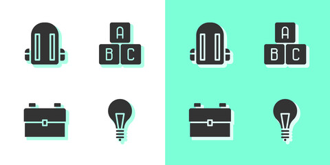 Set Light bulb with concept of idea, School backpack, and ABC blocks icon. Vector
