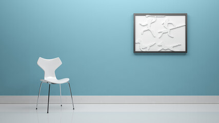 the white chair in the room and the frame on the wall