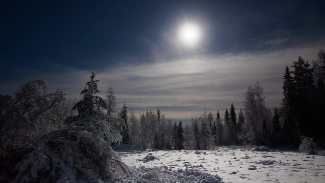 Time lapse of bright moon and clouds over winter meadow