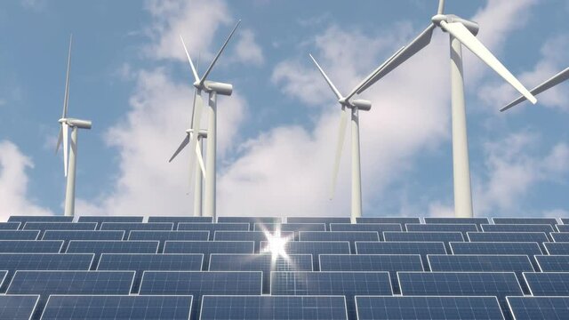 3d render of solar panels with wind turbines loop animation