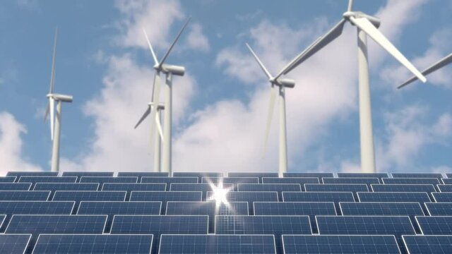 3d render of solar panels with wind turbines with blur loop animation