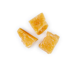 Three pieces of hard cheese parmesan isolated on a white background. Close up. Top view.