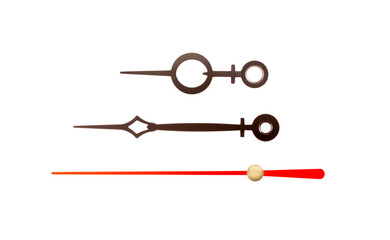 Set of hour hands isolated on a white background. Close up. Top view.