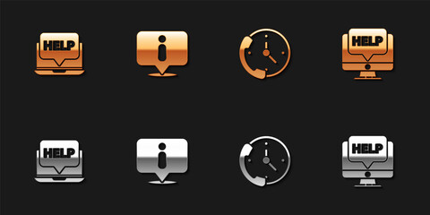 Set Laptop and help, Information, Telephone 24 hours support and Computer monitor icon. Vector