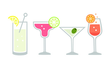 Summer cocktails illustration icon set, isolated vector icons. 