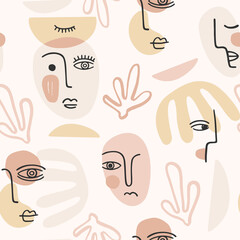Contemporary portrait. Vector seamless pattern wtih trandy abstract face painting. Modern design