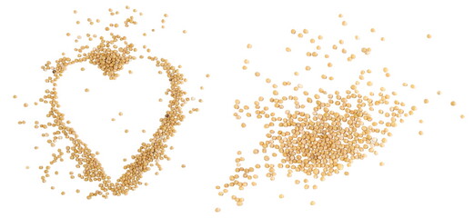 Yellow mustard seeds in shape heart isolated on white background, top view