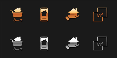 Set Shopping cart with house, Online real estate, Realtor and House plan icon. Vector