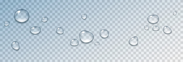 Vector water drops. PNG drops, condensation on the window, on the surface. Realistic drops on an isolated transparent background.