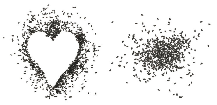 Black cumin seeds, Nigella sativa in shape heart isolated on white background, top view