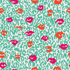 Red lips seamless pattern. Doodle lip kiss background. Retro fashion glamour print with spotted leopard skin texture.