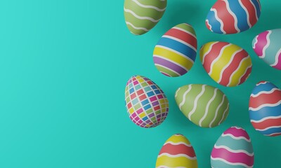Easter eggs with a colorful bright geometric pattern on a turquoise background. 3d render illustration.