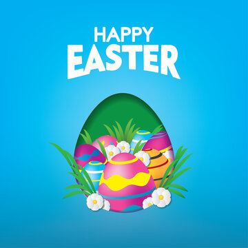 Blue Happy Easter Papercut Card with Colorful Eggs. Easter Day Celebration Vector illustration.