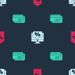 Set Finance document, Percent discount and monitor and Credit card on seamless pattern. Vector