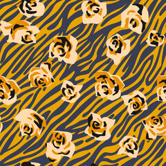 Seamless pattern made of roses buds with zebra stripes skin background. Cut out paper collage style. Mixed print. Summer botanical background. Nature motif for textile and fabric texture.