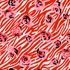 Seamless pattern made of roses buds with zebra stripes skin background. Cut out paper collage style. Mixed print. Summer botanical background. Nature motif for textile and fabric texture. © Galakam