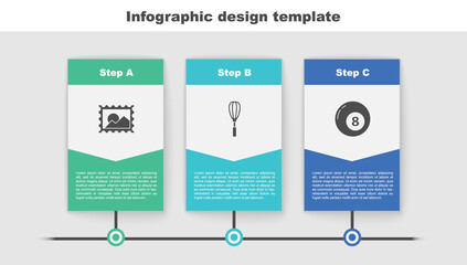 Set Postal stamp, Kitchen whisk and Billiard pool snooker ball. Business infographic template. Vector