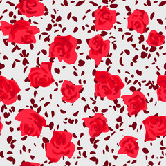 Seamless pattern made of roses buds with petals scattered. Flat cut out paper style. Floral collage. Summer botanical background in modern manner. Nature motif for textile and fabric texture.