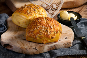 Tasty buns with cheese and sunflower seeds.