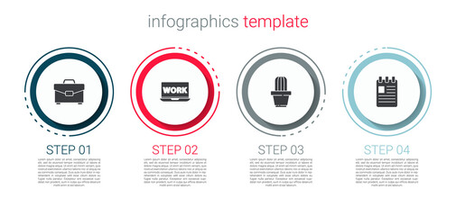 Fototapeta premium Set Briefcase, Laptop with text work, Cactus and succulent in pot and Spiral notebook. Business infographic template. Vector