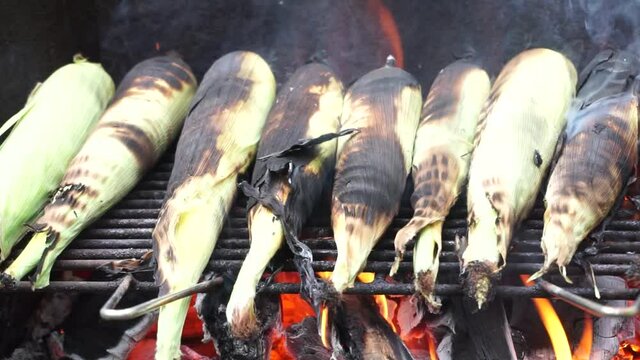 Asando elotes al carbon