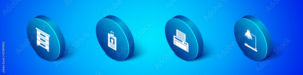 Poster set isometric drawer with documents, printer, table lamp and identification badge icon. vector