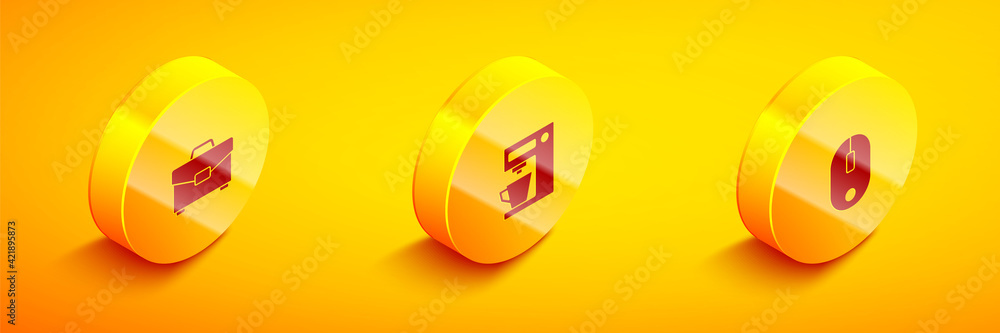 Poster set isometric briefcase, coffee machine and computer mouse icon. vector