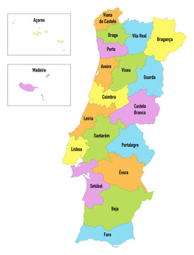 Carte du Portugal divis&eacute;e par districts avec Mad&egrave;re et &icirc;les des A&ccedil;ores
