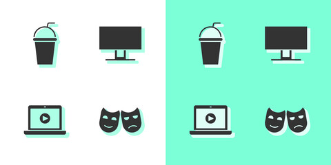 Set Comedy and tragedy masks, Paper glass with straw, Online play video and Smart Tv icon. Vector