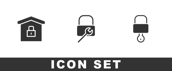 Set House under protection, Lock repair and and key icon. Vector