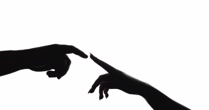 Hands silhouette. Romantic relationship. Love affection. Care support compassion. Dark outline of unrecognizable tender couple touching finger tips isolated on white copy space background.