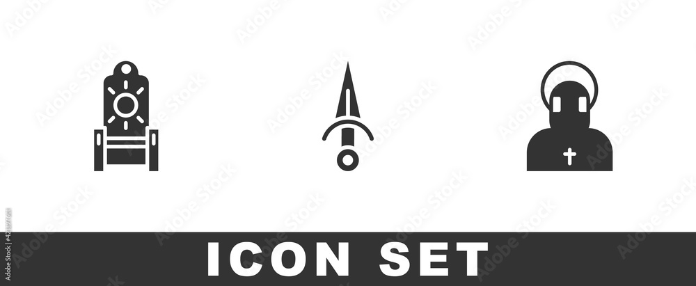 Poster set medieval throne, dagger and monk icon. vector