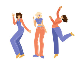 Funny women dancing and jumping on a white background. A party. Vector illustration.