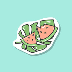 Sticker with watermelon slices and palm leaves. A design element. Vector illustration.