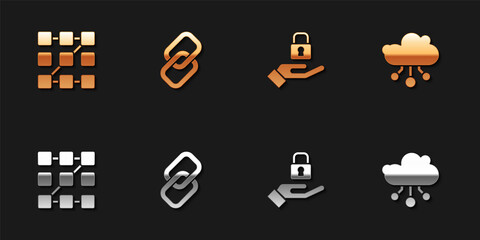 Set Graphic password protection, Chain link, Lock hand and Internet of things icon. Vector