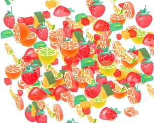 3d illustration of several fruits placed in the space in an orderly way. Cut out on white background with vivid colors.