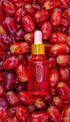 Close up grape seed oil in a bottle, lies on the berries of red, fresh, juicy grapes.